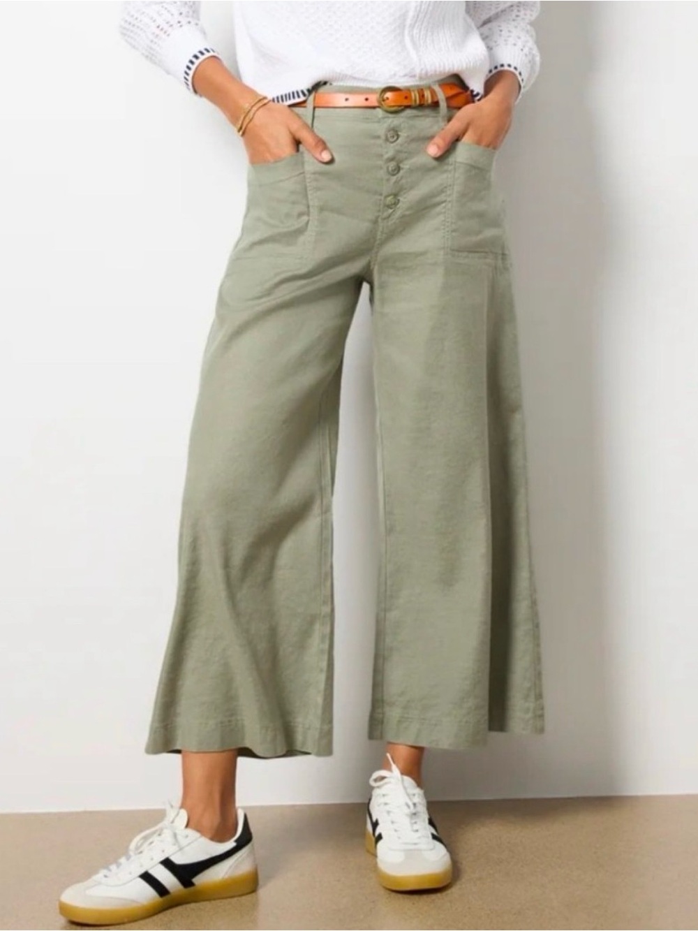 Evereve Joelle Linen Blend Wide Leg Cropped Pants Green Button Fly Women 26
